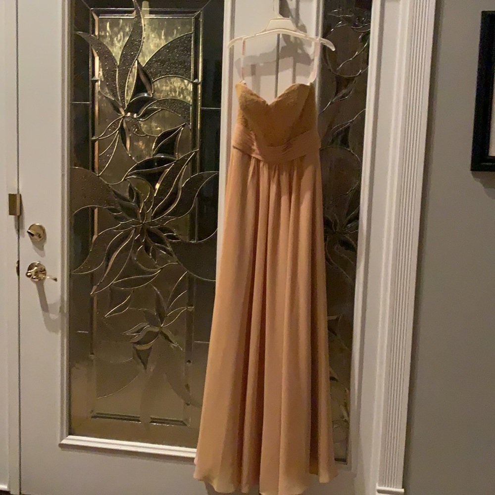 Gold JJ’s House Strapless Floor Length Dress with button up Lace coverup.